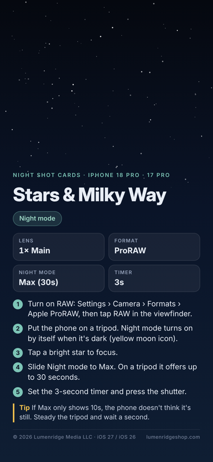 Night Shot lock-screen card for iPhone showing Night mode settings for stars